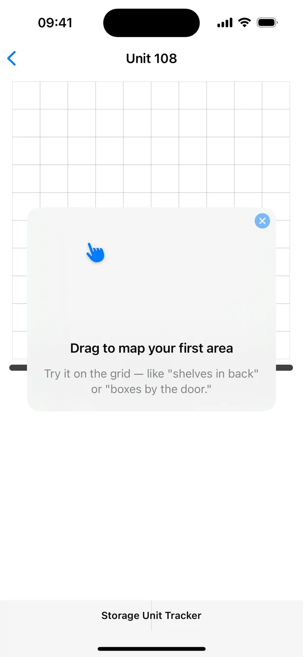 An empty unit grid with a coach mark reading Drag to map your first area.